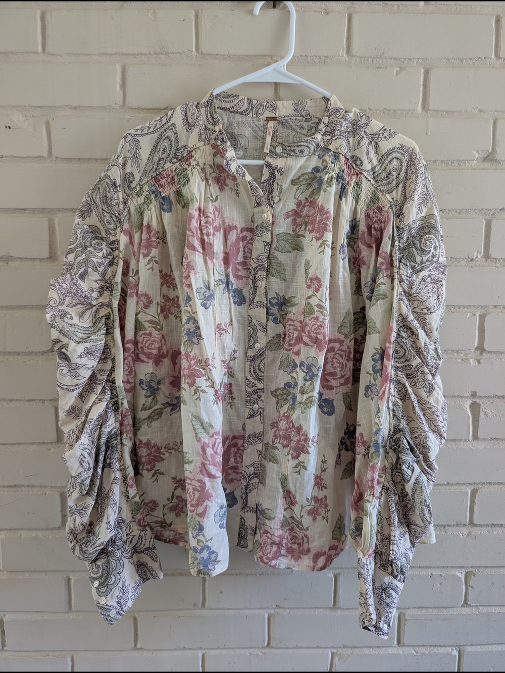Free People M Maraya Printed Top Antique Combo Boho Floral Peasant Top